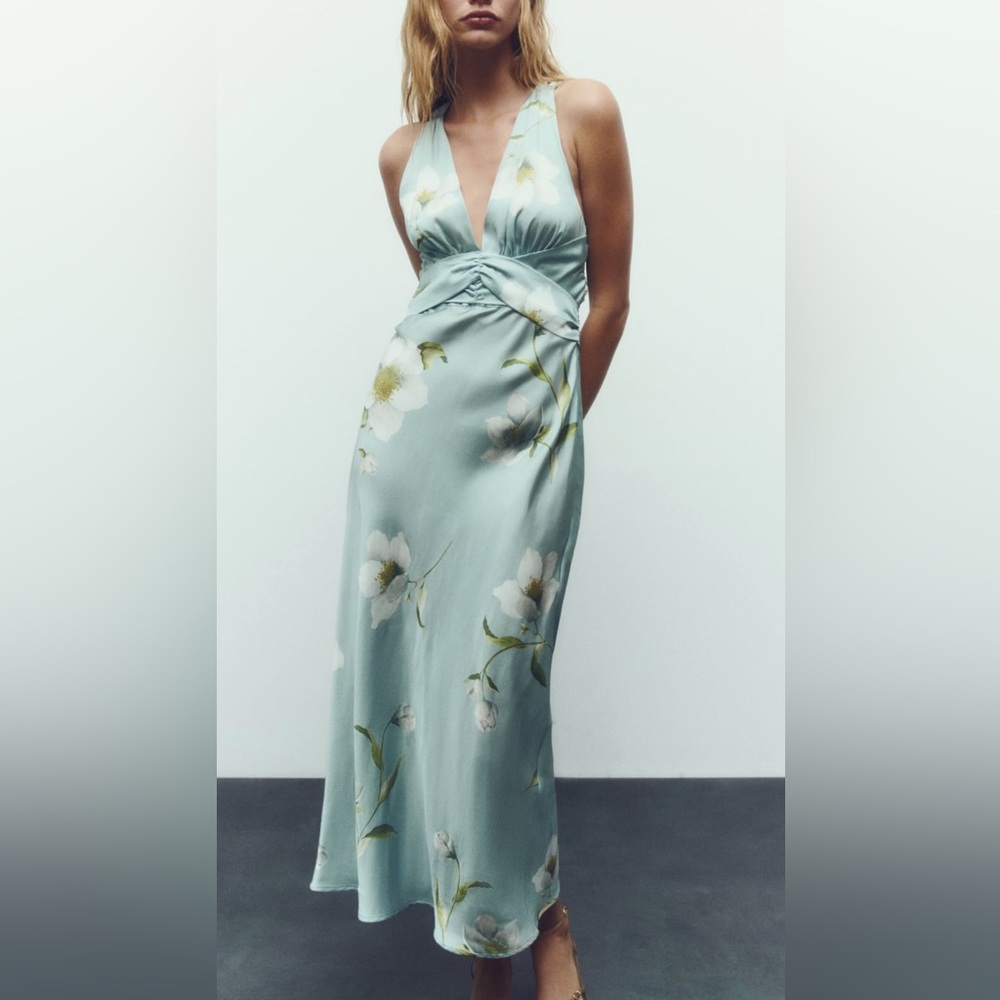 Zara satin light blue floral cross back plunge midi dress